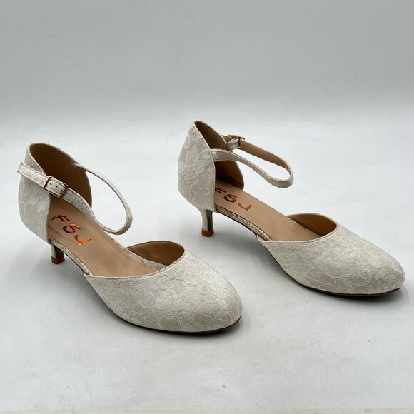 FSJ White Lace Round Toe Kitten Heel Ankle Strap Pump Office Prom Dress Shoes - Picture 3 of 7